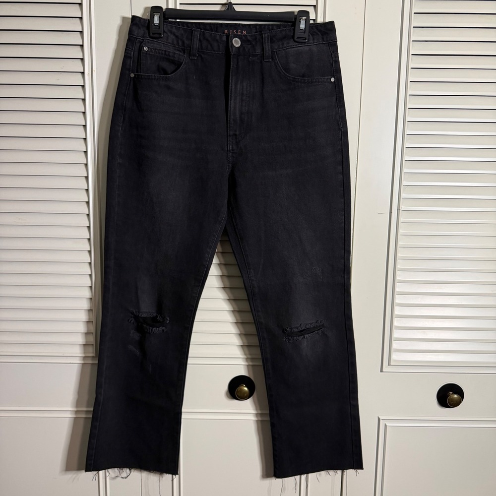 Risen Los Angeles High Rise Cotton Distressed Straight Leg Jeans Black Size 27 5
